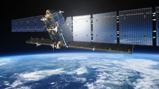 Satellite flying earth sun horizon - free space wallpaper