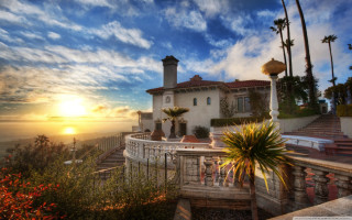 House balcony ocean view sunset 3 - kinkade free wallpaper
