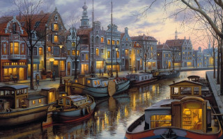 Canal boats buildings nighttime lights - kinkade free wallpaper