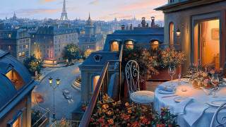 Cityscape table chairs view painting - an oil painting free wallpaper
