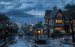 Trolley car rainy night city 5 - rainy free wallpaper