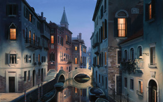 Canal city night buildings bridge - kinkade free wallpaper for desktop