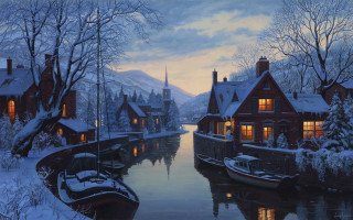 River boats house night painting - kinkade free wallpaper