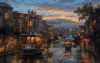 Trolley car city street night - an oil painting free wallpaper