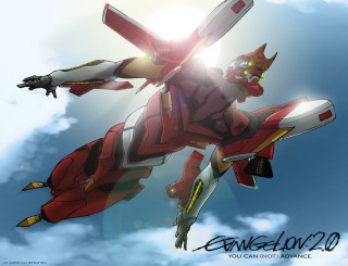 Red white robot flying sky - eizan kikukawa free wallpaper