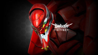 Red white robot black background - eizan kikukawa free wallpaper