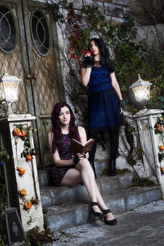 Gothic women sitting steps house - outside free wallpaper for mobile