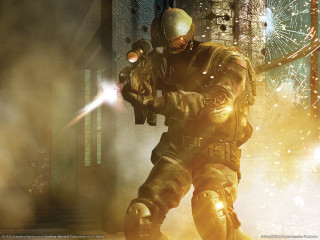 Futuristic man suit gun city 2 - a gun in a city street free wallpaper