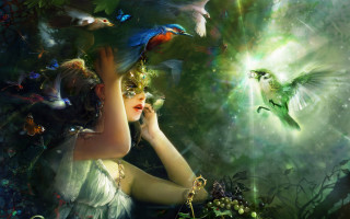 Woman holding bird flying above - fantasy artwork free wallpaper