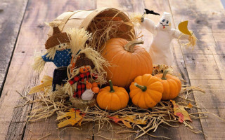 Basket filled pumpkins scarecrows wooden - fall vibrancy free wallpaper