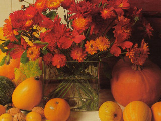 Vase flowers oranges table fruits - a pumpkin free wallpaper for desktop