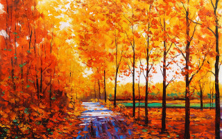 Forest path trees leaves painting 5 - an oil painting free wallpaper