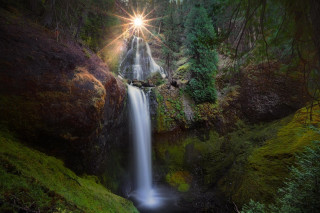 Waterfall forest light rays nature - green grass and trees free wallpaper