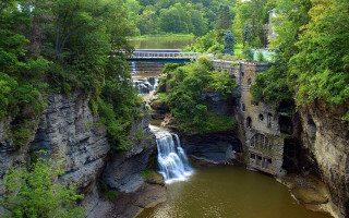 Waterfall canyon bridge train nature - a train free wallpaper for desktop