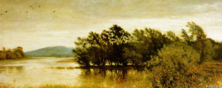 Lake trees hill bird flying - a painting of a lake free wallpaper