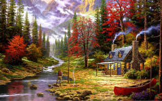 Cabin woods stream canoe autumn - a painting of a cabin free wallpaper