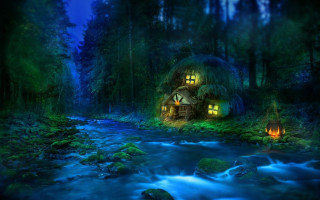House woods stream candle lit - magical atmosphere free wallpaper