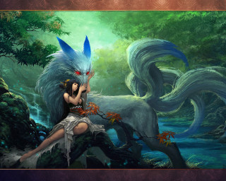 Woman sitting tree branch wolf - amano free wallpaper for desktop