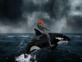 Woman riding whale ocean cloudy - a woman riding free wallpaper