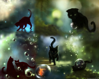 Cats bubbles forest chasing fish - storybook illustration free wallpaper