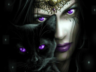 Woman purple eyes black cat 4 - egyptian art free wallpaper
