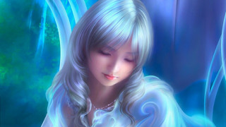 Woman long white hair reading - a blue curtain free wallpaper