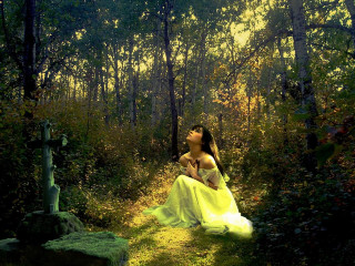 Woman yellow dress woods cross - dreamlike free wallpaper for desktop