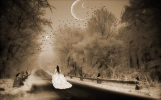 Woman white dress moon birds - dreamlike free wallpaper for desktop