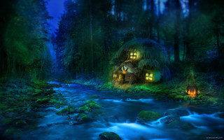 House woods stream candle foreground - magical atmosphere free wallpaper