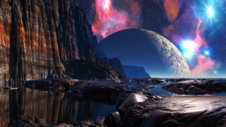 Planet mountain river sky stars - image of a planet free wallpaper