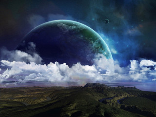 Planet mountain river night sky - david free wallpaper for desktop