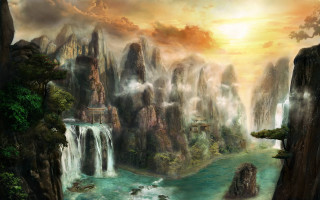 Waterfall mountain landscape river painting - christophe vacher free wallpaper