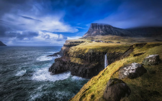 Waterfall cliff ocean mountain cloudy - free landscape wallpaper