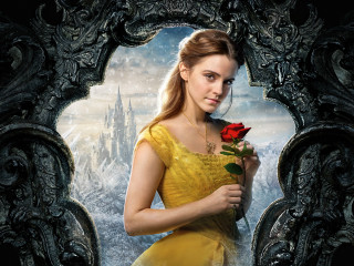 Woman yellow dress holding rose 3 - a castle in the background free wallpaper