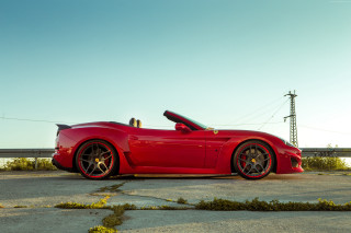 Red sports car bridge powerlines - matte finish free wallpaper for desktop