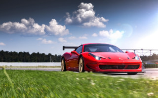 Red sports car road bridge - realistic free wallpaper for desktop