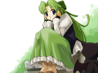 Woman green dress black cat 2 - a bench next free wallpaper