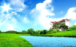 House hill river boat blue - cao buxing free wallpaper