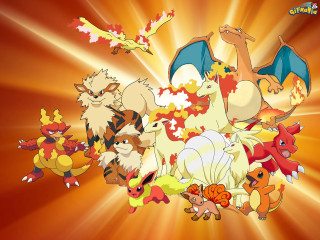 Pokemon starters fire autumn sunset - free fantasy wallpaper for desktop