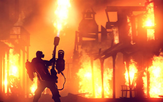 Man backpack camera fire factory - flame and smoke free wallpaper