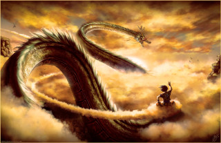 Dragon motorcycle clouds flying man - a painting of a dragon free wallpaper