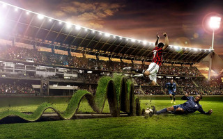 Man jumping soccer ball field - free sports wallpaper