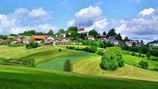 Green field houses hill blue - house free wallpaper