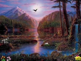 Mountain lake bird forest waterfall - a painting of a mountain lake free wallpaper