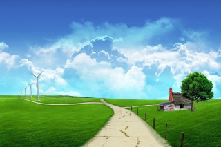 Country road houses windmills green - house free wallpaper