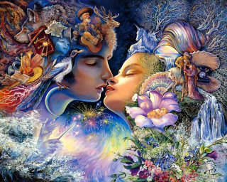 Kissing couple floral background waterfall - fantasy artwork free wallpaper