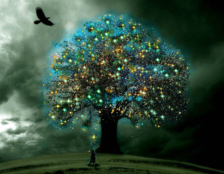 Tree bird sky clouds stars - mystical free wallpaper