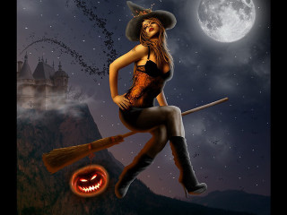 Woman witch costume broom pumpkin - fantasy magic free wallpaper