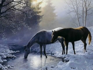 Horses drinking water stream snow - an oil painting free wallpaper