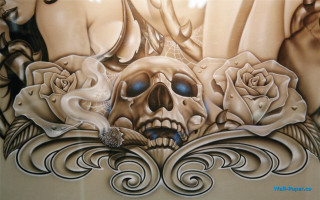 Skull roses bird woman face - canvas free wallpaper